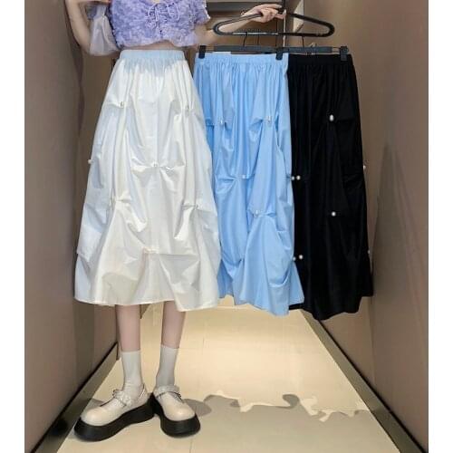 Long Skirt Folded Beaded White Skirt Female Summer Mid-length Large Swing Umbrella Skirt New Temperament High Waist A-line Skirt