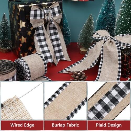 2 Rolls Burlap Wired Ribbon Christmas Buffalo Plaid Ribbon Craft Mesh Ribbons with for Gift Wrapping Crafts Christmas Decoration