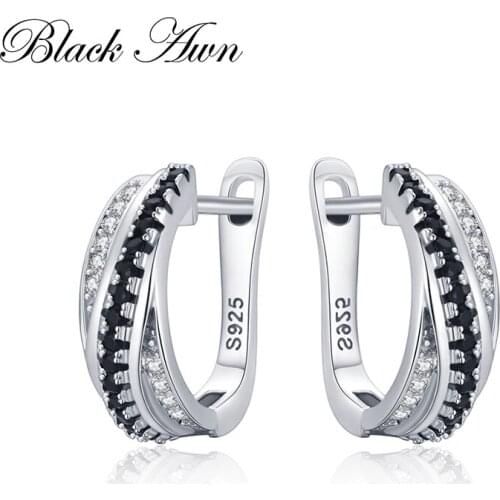 Black Awn Hoop Earrings for Women Classic 925 Sterling Silver Trendy Spinel Engagement Fine Jewelry I207
