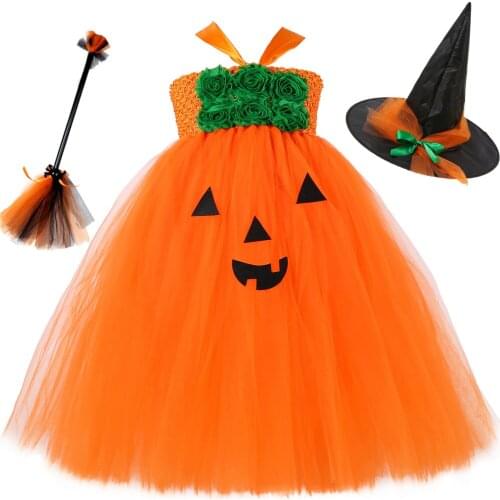 Halloween Costume for Kids Orange Pumpkin Jack Tutu Dress Children Flowers Princess Dress Girls Fancy Party Tulle Dress Clothes