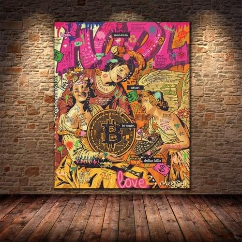 Graffiti Pop Art Bitcoin and Angel Canvas Painting Money Posters and Prints Wall Art Pictures for Living Room Wall Decor Cuadros
