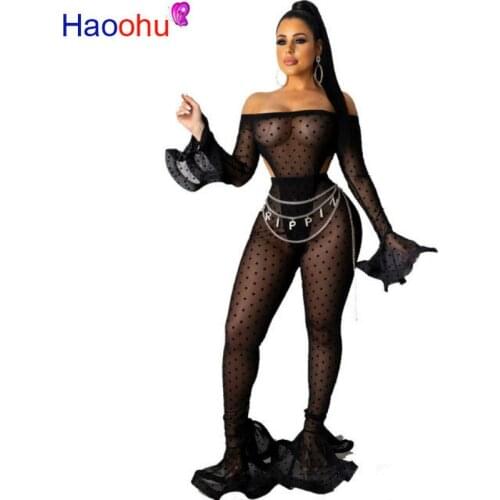 HAOOHU Sexy Mesh Sheer Two Piece Set Women Rave Festival Clothing Rompers Top Pant Body Suit Matching 2 Piece Set Club Outfits