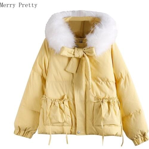 Kawaii Fashion Cotton Padded Jacket Women Cute Vintage Thick Warm Fur Collar Hooded Coat Casual Black Parka Christmas Outwear