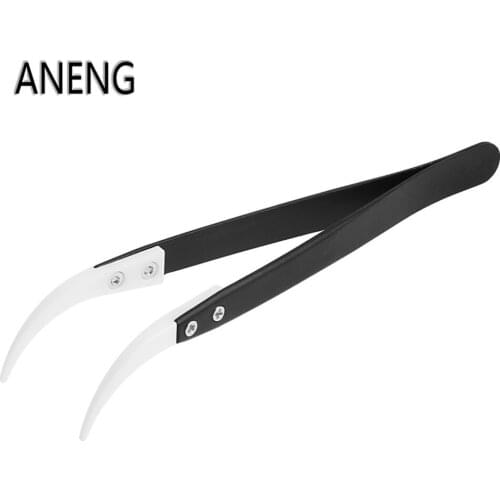 ANENG Stainless Steel Handle Ceramic Heat Resistant Tip Curved Tips Tweezers Silver