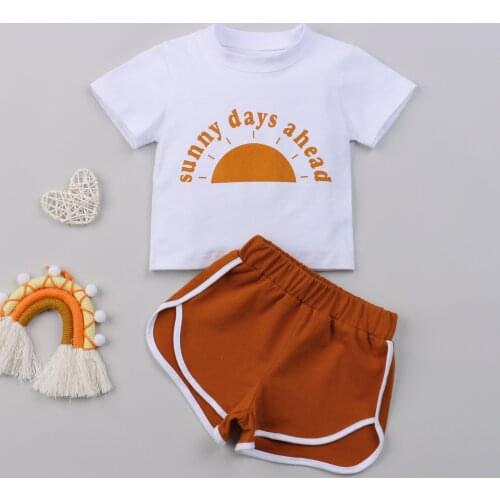 2Pcs Toddler Summer Outfit Sun Print Short Sleeves T-Shirt + Elastic Shorts 0-24 Months Kids Boys Or Girls Summer Casual Set