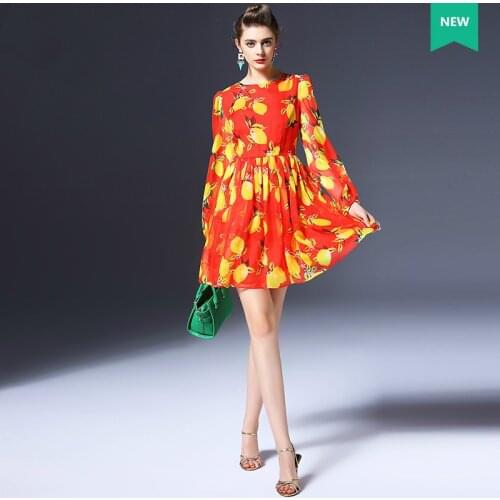 2016 Summer Autumn Women Celebrity Runway Casual Plus Size Long Sleeves mini dress Lemon Print Chiffon Vestido Beach Dresses