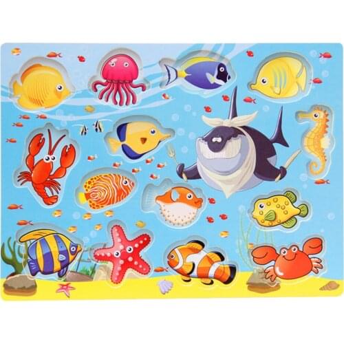 Magnetic Wooden Puzzles Game Fishing Toys with 14 Fishes and 2 Magnetic Poles