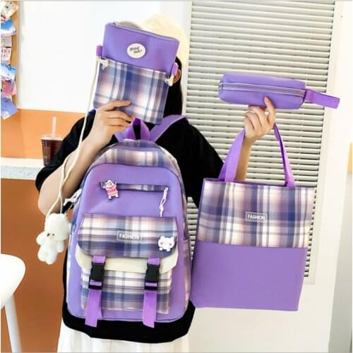 4 Piece Set Casual Backpacks Canvas Notebook Schoolbags For Teenager Girls Women Kawaii Student Kids Shoulder Bags