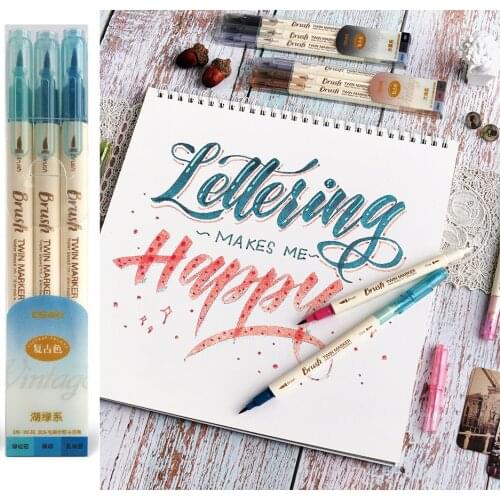3pcs Retro color Twin Marker Pens Set Brush Drawing Fine Liner Water Based Ink Blendable Watercolor Art Painting School A6133