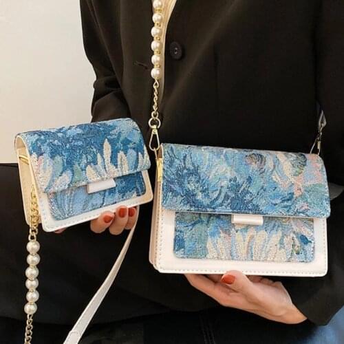 Painted Square Mini Crossbody Bag 2021 New High-quality Canvas Womens Designer Handbag Pearl Chain Shoulder Messenger Bag Purse