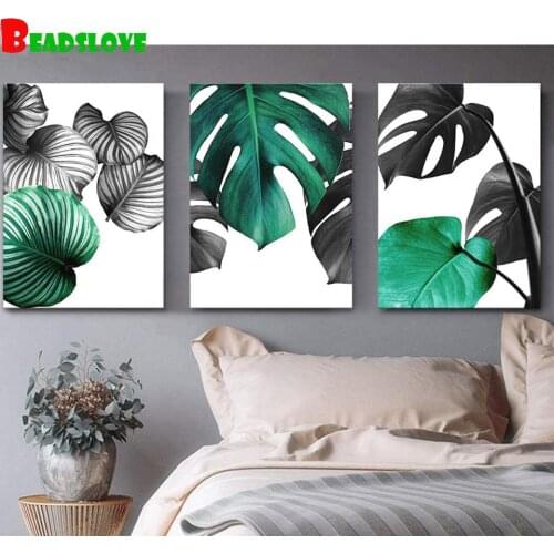 Full round diamond painting green leaf simple life mosaic plant Triptych diamond painting cross stitch kit room decoration gift