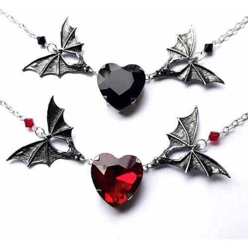 Silver Plated Bat Necklace with Red Heart //Gothic Necklace //Bat Necklace //Halloween Jewelry //Vampire Jewelry //Bat Jewelry