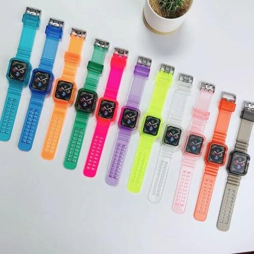 Silicone Transparent Strap Wrist Band Watchband Frame Case For Apple Watch Series 2/3/4/5/6/SE 38mm 42mm 40mm 44mm Bumper Cover