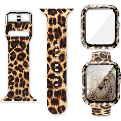 44mm Leopar patter Silicone Strap for Apple WatchBand 40mm 38mm 42mm Spots Flower Band All Series + Full screen protective shell