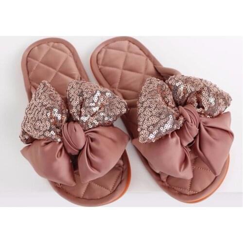 Women Slippers Flat Indoor Shoes Fashion Bow Tie Slides Red Home Slippers Sequins Ladies Shoes Non Slip Summer Women Footwear
