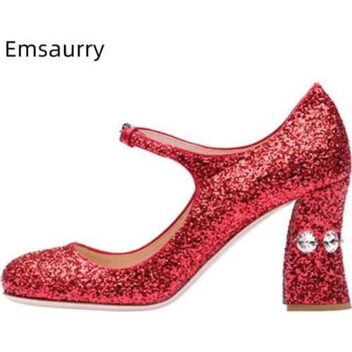Red Sequined Cloth Party Shoes Woman Jeweled Diamond Hoof Heel Round Toe Mary Janes Bling Sequins Spring 2021 Pumps Women