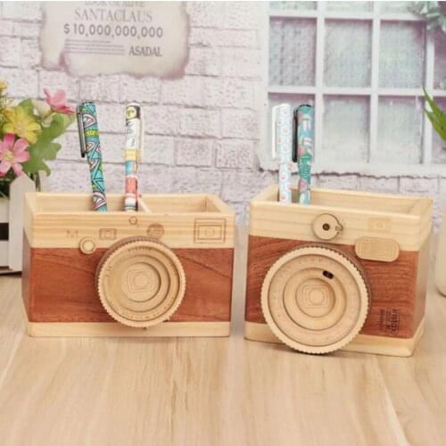 Vintage Camera Shape Wooden Pencil Holders for Desk Accessories Pencil Organizer Pen Holder Stationery Container Office Supplies