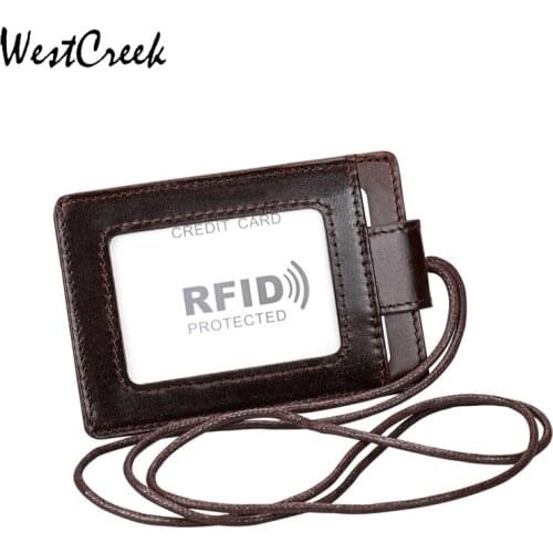 WESTCREEK Brand Leather Minimalist Vertical Vintage ID Badge Bank Business Credit Card with Lanyard Strap for Offices ID