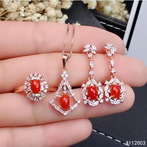 KJJEAXCMY Fine Jewelry 925 sterling silver inlaid natural gemstone red coral ring pendant earring set lovely supports test
