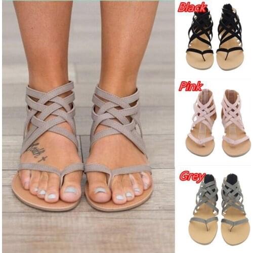 Women Shoes Summer 2021 Woven Cross Strap Back Zipper Roman Sandals Plus Size Flip Flops Flat Sandals Woman Closed Toe Sandal