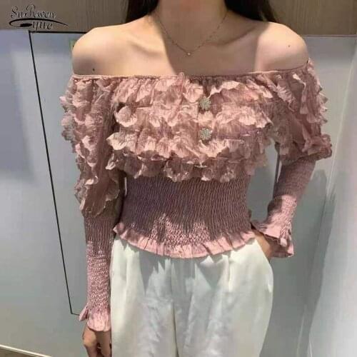 2021 Super Fairy Wood Ear Side Waist Thin Pleated Small Shirt Elegant Shirt Autumn Sexy Slash-neck Collar Long-sleeved Top 15607