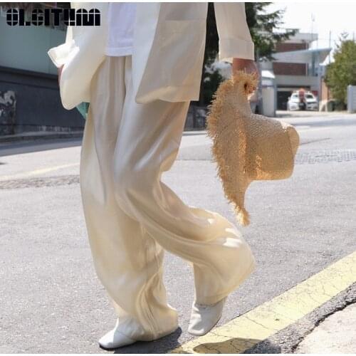 High Quality Silks and Satins Soft High Waist Wide Leg Pants for Summer 2020 Pure Color Luster Loose Mopping Trousers Women