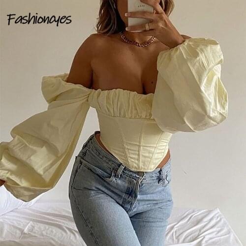 Fashioncyes Summer Sexy Bodycon Corset Top Backless Square Neck Off Shoulder Top Solid Yellow Lantern Sleeve Tops Women 2021 New