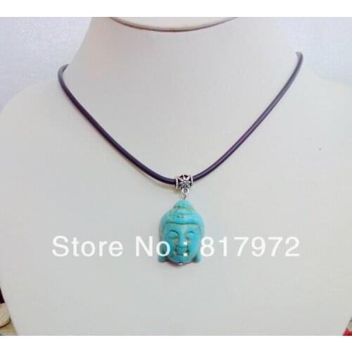 10pcs Simple Style Stone howlite Carved Lucky Buddha Head Bib Chain Necklace hide rope Party Gift charm &6N00122