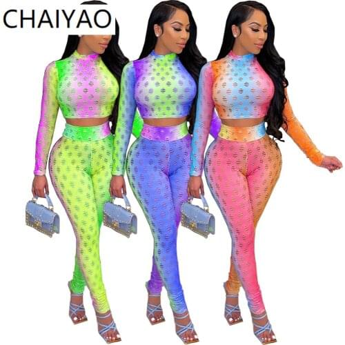 10YT3290 Wholesale Items Autumn Womens Hollow Tie Dye Fashion Sexy Cropped Top and Capris 2 Piece Set Womens Outfits