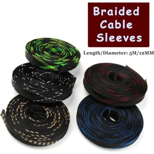 12mm Tight Nylon PET Expandable 150% Braided Cable Sleeving Length 5M 5 Colors Insulation Wire Cable Sleeves Gland Mesh Shock