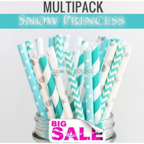 125pcs Mixed Colors SNOW PRINCESS Frozen Themed Paper Straws,Aqua Striped, Chevron,Silver Star, Polka Dot,Light Blue Swiss Dot