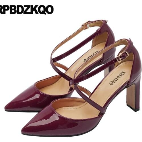 2019 patent leather shoes cross strap sandals wine red plus size pumps ladies 33 8cm 10 42 casual thick pointed toe high heels