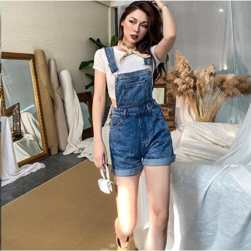Summer Denim Bib Overalls Shorts Women Casual Adjustable Strap Cuffed Hem Jean Overall Shorts