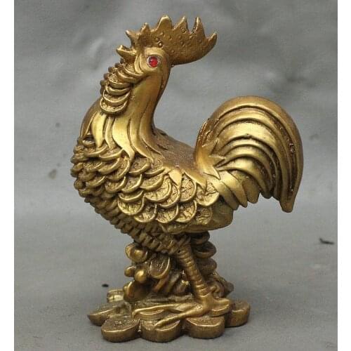 Chinese FengShui Pure Brass Wealth YuanBao Coin Year Zodiac Cock Rooster Statue