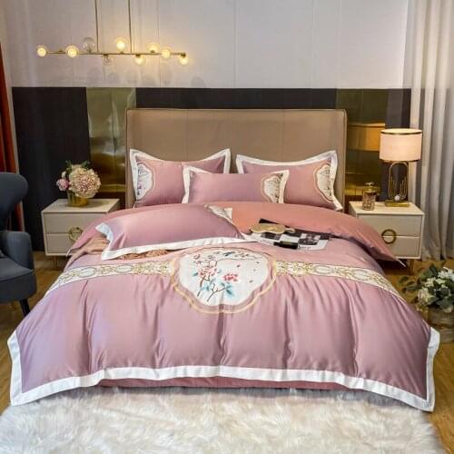 Classical Flower Embroidery Bedding Set Satin Silk Cotton Duvet Cover Set Quilt Cover Bed Comforter Set Fitted Sheet Pillowcases