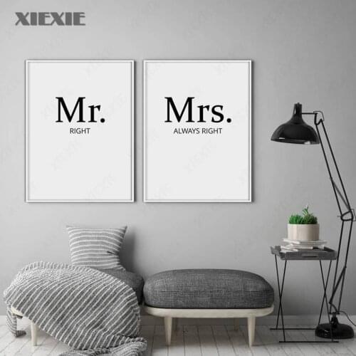 Mr Right Mrs Always Right Couples Wall Art Prints Canvas Paintings Quotes Black White Wall Pictures Poster for Bedroom Decor