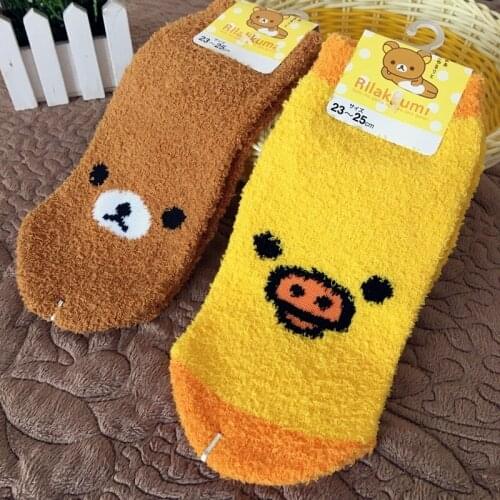 Cartoon Women Socks Little Bear Cotton Sock Lovely Ladies Unisex High Casual Sleep Sox Girl Spring Winter Coral Fleece Skarpetki