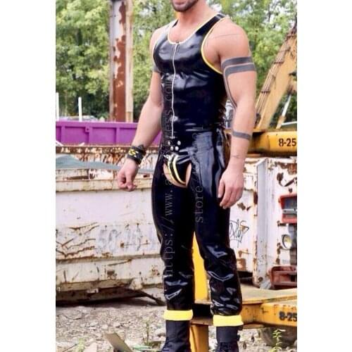 Mens black suits including black latex vest tops & trousers & T-back and decoratived with yellow trims