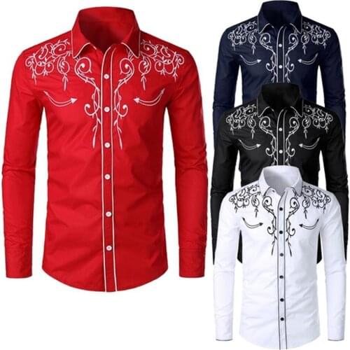 Men Solid Color Embroidered Turn Down Collar Long Sleeve Fashion Casual Slim Shirt Male Brand Clothes Top