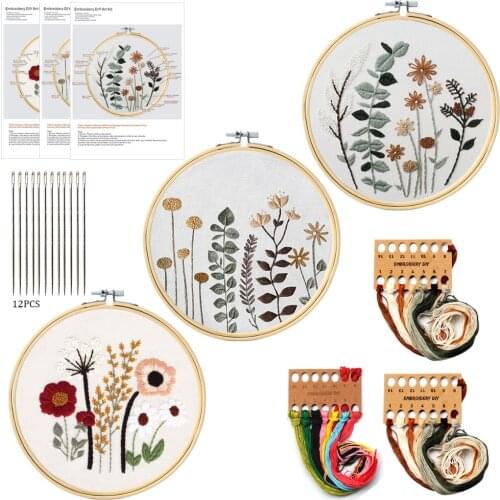 DIY Flowers Plants Pattern Embroidery Set Needlework Tools Printed Embroidery Fabric Round Embroidery Kit DIY Sewing Craft Kit