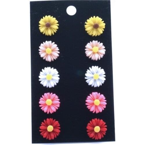 5pairs/set Daisy Sunflower Earrings Stainless Steel Stud 12mm Resin Cabochon colorful Flower Earrings set Women Jewelry Gift