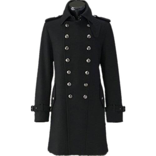 WWII German Army Overcoat General Coat Winter Wool Coats Double-Breasted Men Winter Woolen Black Solid Color