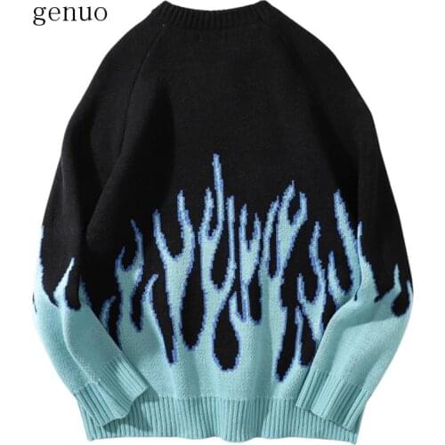Flame Crew Neck Knitwear Jacquard Womens Sweater Hip Hop Sweater Pullover Hipster Sweater Woman Clothing
