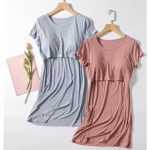 Fdfklak Short Sleeve Maternity Dresses For Pregnant Women Pregnancy 2020 Summer New Modal Pink Nightgown Nightie For Nursing
