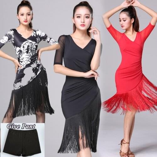Latin Dance Dress Black Fringe One-Piece Dress Tassel Short Sleeve Party Dancer Practice Wear Ballroom Salsa Tango Show Costume