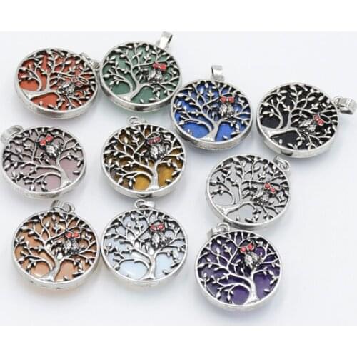Antique Silver Hollow Tree of Life Owl Charm Amethysts Lapis Stone Pendant Round Flat Beads Necklace Pendants Women Jewelry