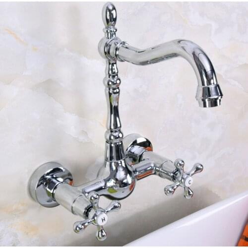 Polished Chrome Brass Wall Mounted Double Cross Handles Bathroom Kitchen Sink Faucet Mixer Tap Swivel Spout anf969