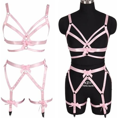 Pink Set Harness Bra Cute Bow Wedding Dance Women Waist Garter Belts Punk Gothic Body Lingerie Adjust Elastic Crop Top Bikini