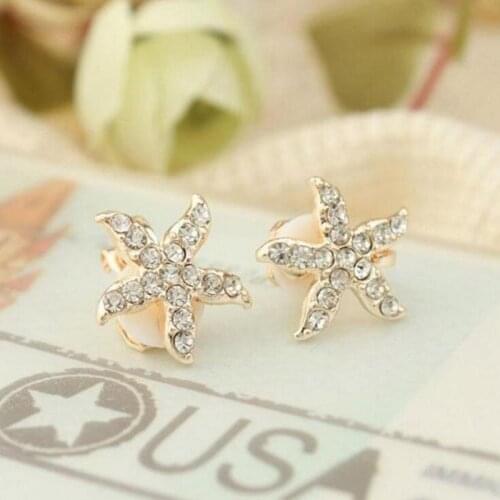2 Colors Choose Fashion Cute Rhinestone Starfish Shape Clip on Earrings Without Piercing for Girls Kids Small Earrings
