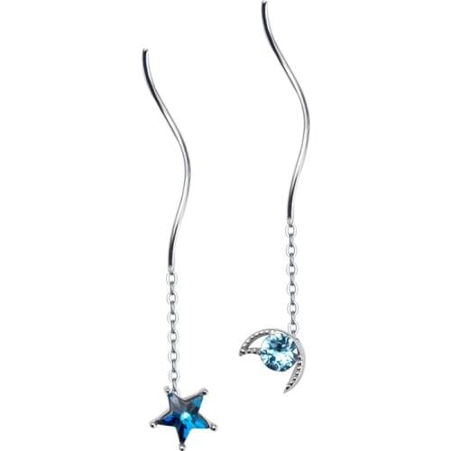 Dainty Moon & Star Tassel Drop Earrings 925 Sterling Silver Dangle Earrings Asymmetric Ear Line Long Earrings for Women Girls